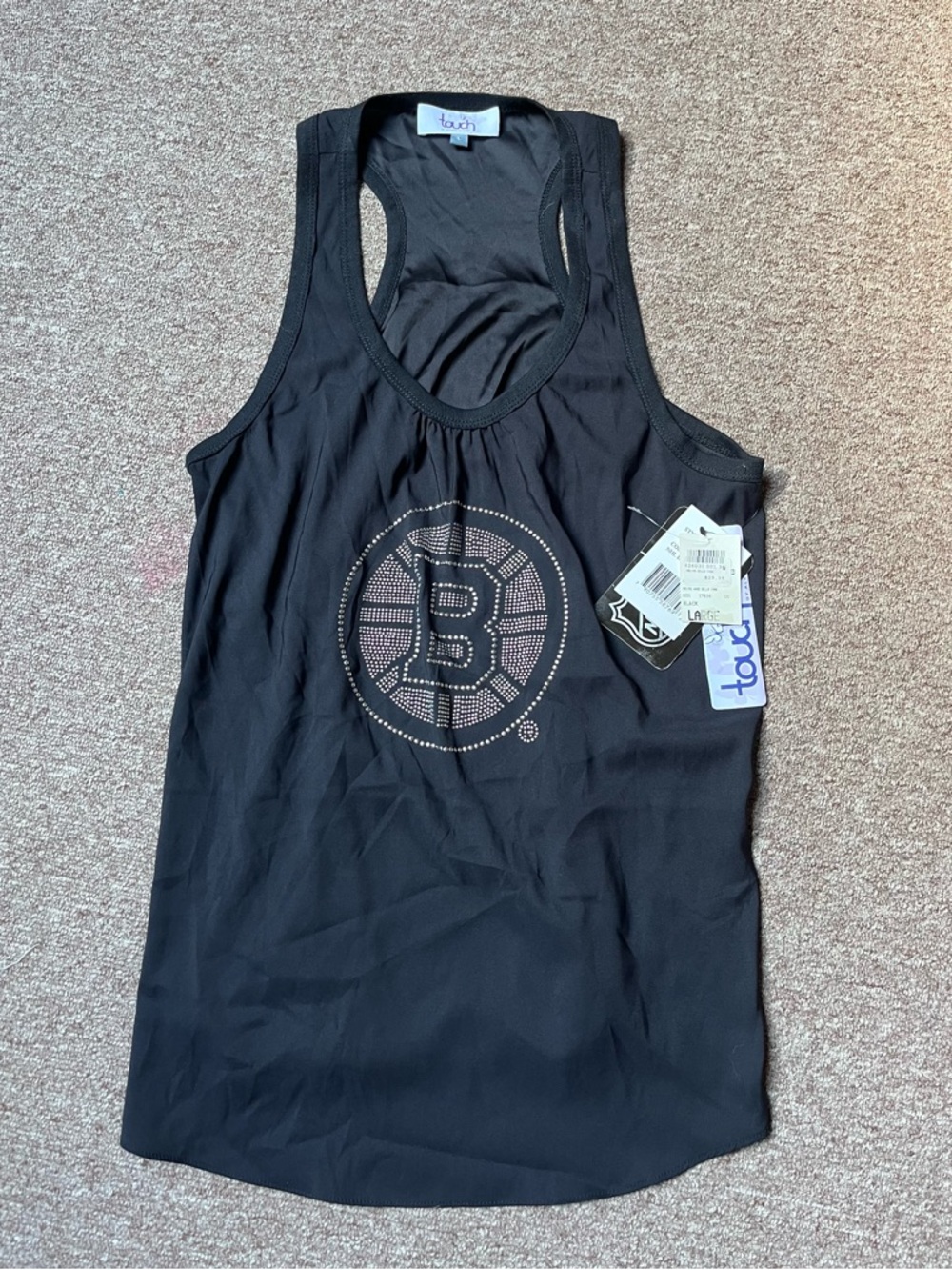 NHL Bruins Black Rhinestone Logo Racerback Tank Top